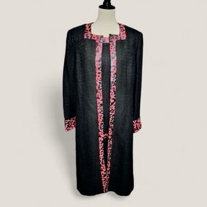 2777)ASHRO Sheath Dress Overcoat Black Metallic Anml  Print Faux Leather Trim 16